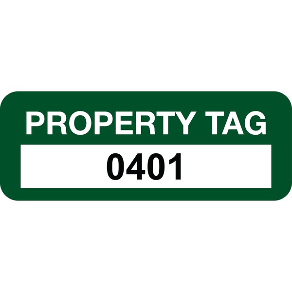 Lustre-Cal Property ID Label PROPERTY TAG Polyester Green 2in x 0.75in Serialized 0401-0500, 100PK 253744Pe1G0401 - main